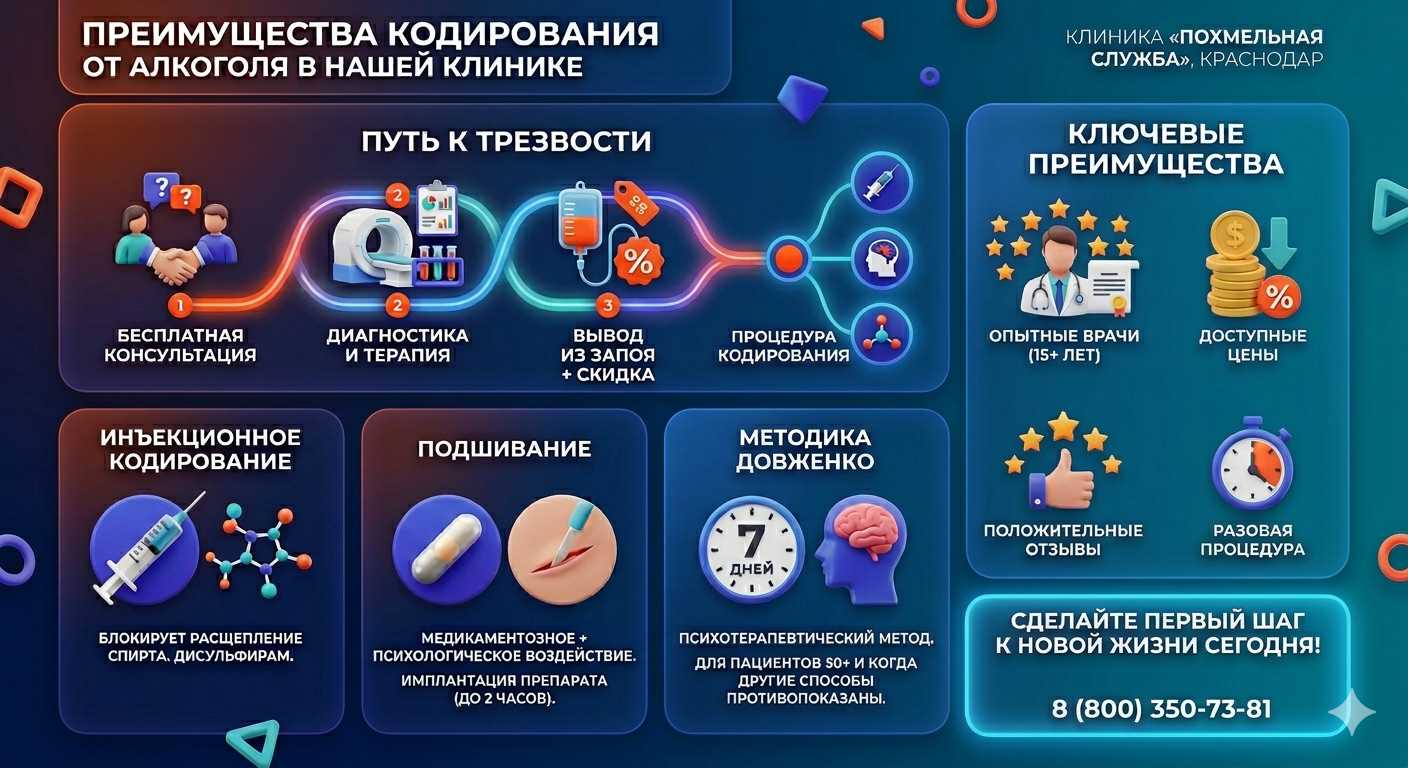 Инфографика о методах кодирования от алкоголя в Кусе: инъекции, подшивание, метод Довженко. Преимущества клиники и этапы лечения.
